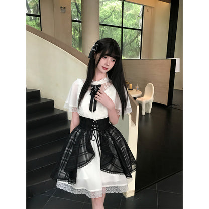 Puff Sleeve Lace Trim Plaid Overskirt Dress LAL0218