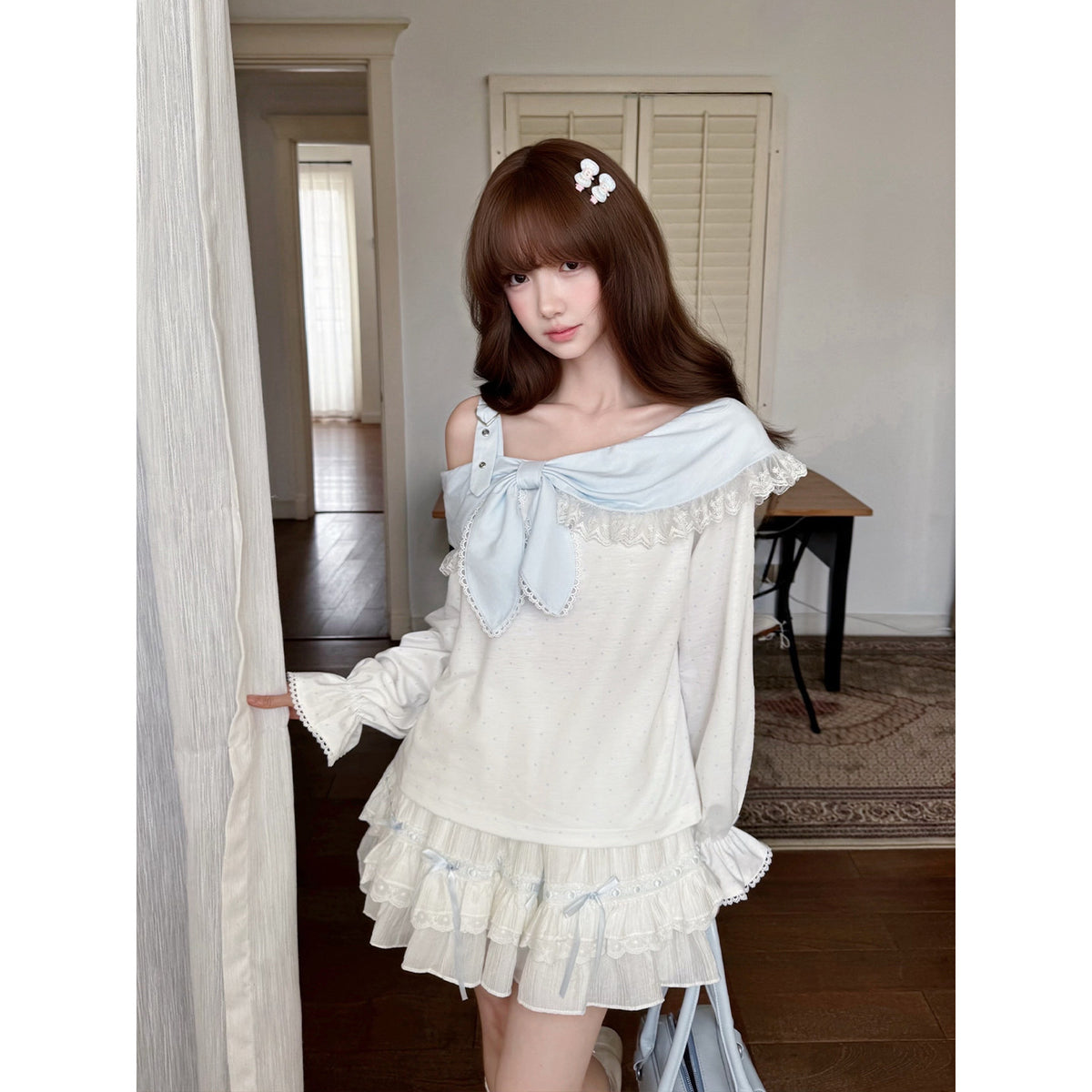 Off Shoulder Bow Collar Ruffle Top LAL0239