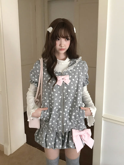 Polka Dot Hooded Zip Cardigan Shorts Set LAL0240