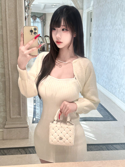 Ribbed Knit Bodycon Mini Dress With Cardigan KAN0010