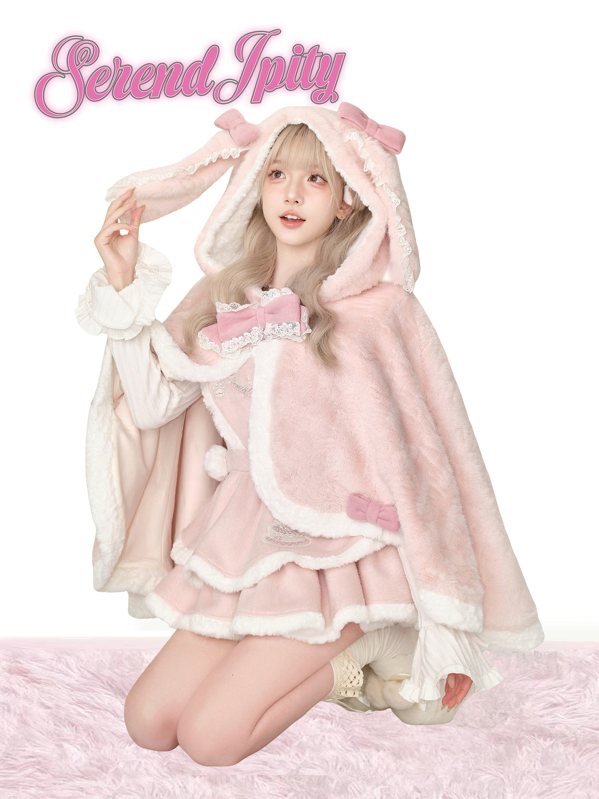 Pink Bunny Ear Hooded Cape And Pinafore Dress Set SER0138