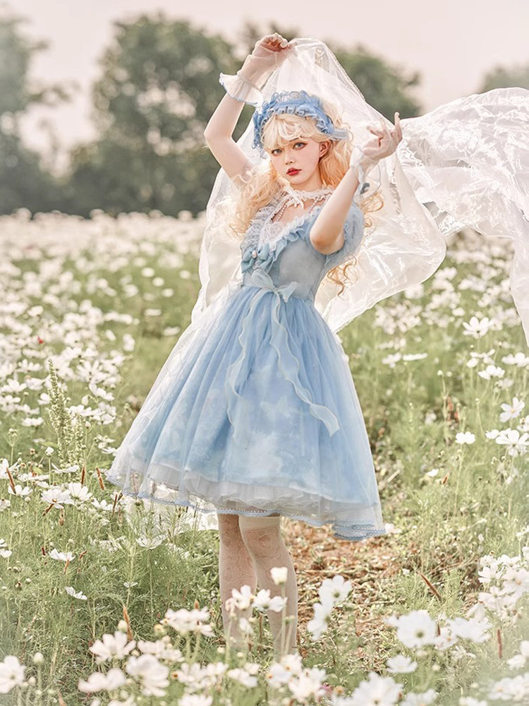 Light Blue or Black High Waist Lace Lolita Dress YOU0040