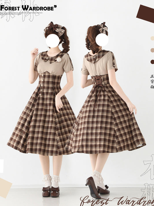 Vintage Plaid Contrast Collar A-Line Dress FOR0074