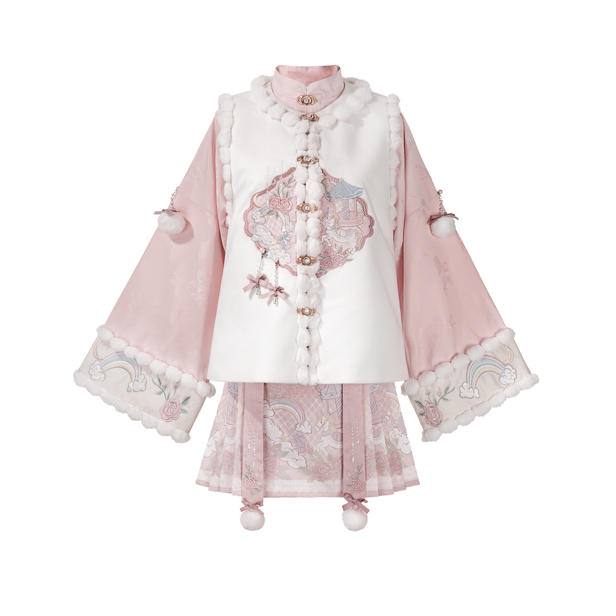 Chinese Style Floral Embroidered Vest Top Pleated Skirt Set YOU0265