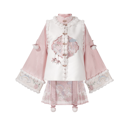 Chinese Style Floral Embroidered Vest Top Pleated Skirt Set YOU0265