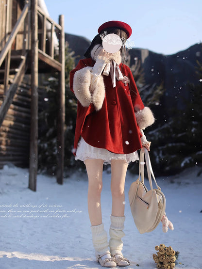 Fluffy Fur Red Wool Cape Coat HUT0129