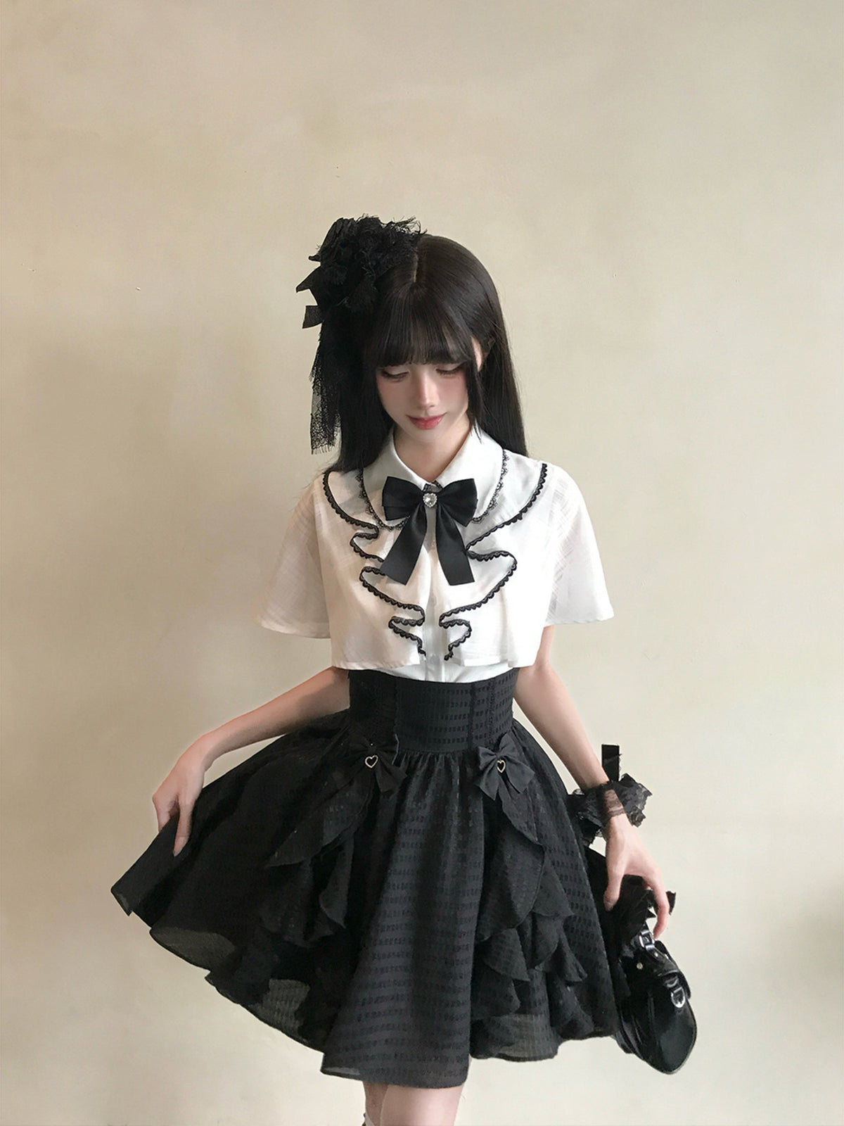 Ribbon Bow Lace Trim Blouse LAL0219