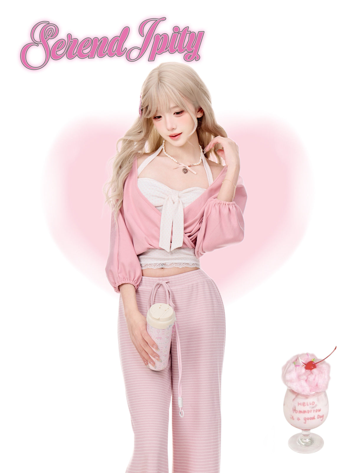 Wrap Cardigan Polka Dot Cami And Striped Wide Leg Pants Set SER0159