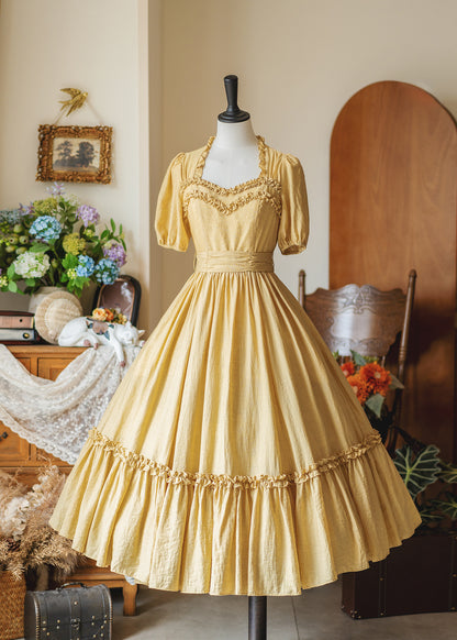 Vintage Square-Neck Puff-Sleeve Tiered Dress FOR0073