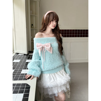 Off Shoulder Fuzzy Knit Bow Sweater LAL0238