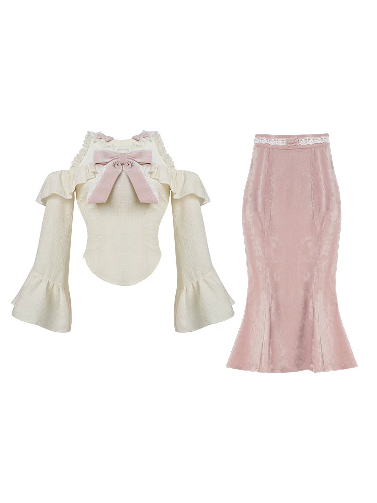 Off Shoulder Ruffle Top Velvet Mermaid Skirt Set SER0142