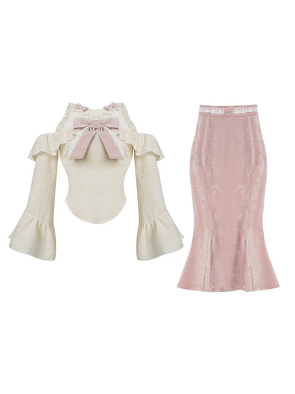 Off Shoulder Ruffle Top Velvet Mermaid Skirt Set SER0142