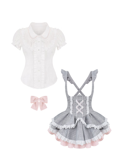 Ruffle Collar Shirt Gingham Jumper Set SER0148