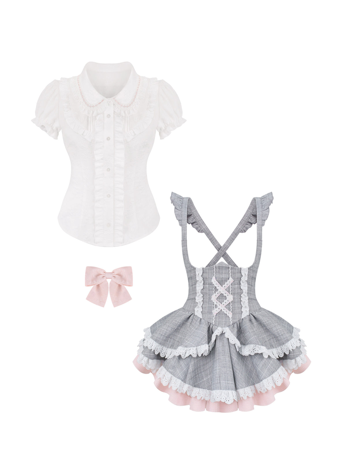 Ruffle Collar Shirt Gingham Jumper Set SER0148