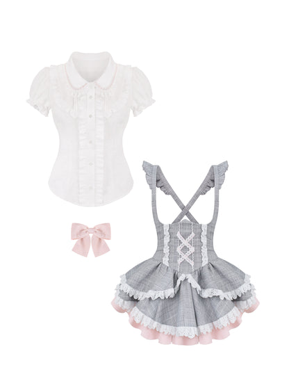 Ruffle Collar Shirt Gingham Jumper Set SER0148
