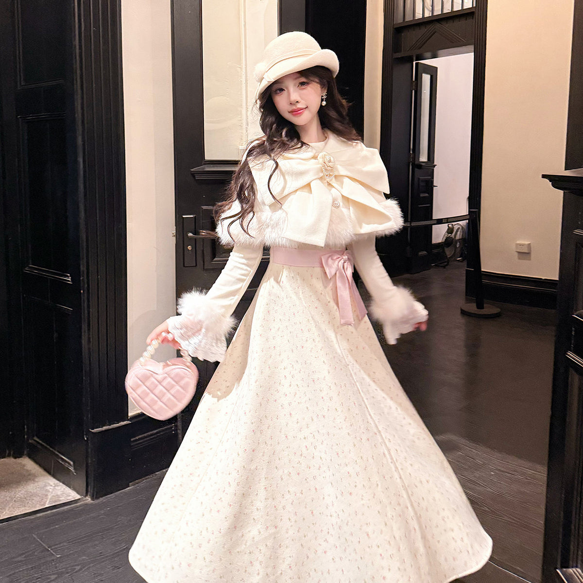Sweet Bow Fur-Trim Cape Dress Set BEL0024