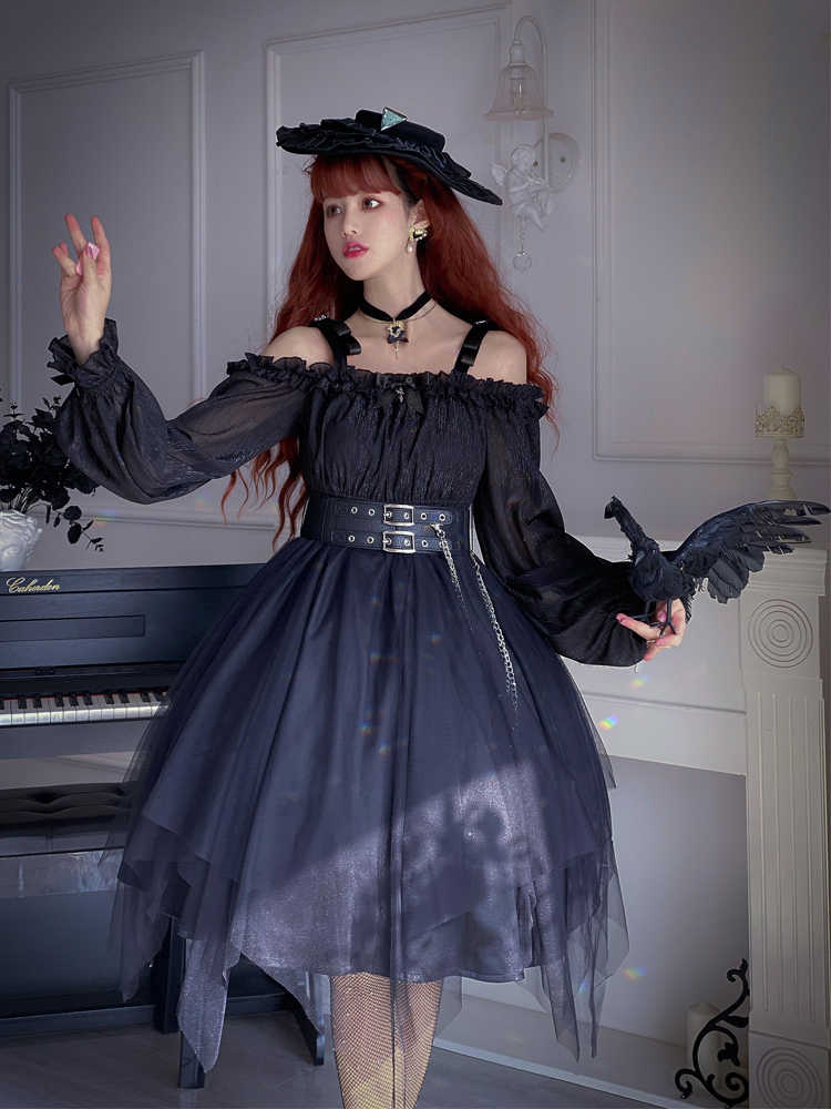 Dark Angel Goth Girl Lantern Long Sleeve One-Line Collar Dress YOU0136