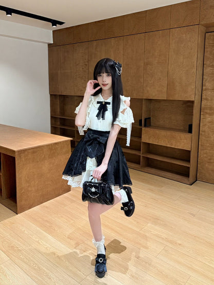 Cold Shoulder Ruffle Bow Blouse LAL0220