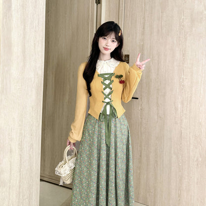 Vintage Lace-Up Cardigan Floral Midi Skirt Set BEL0042