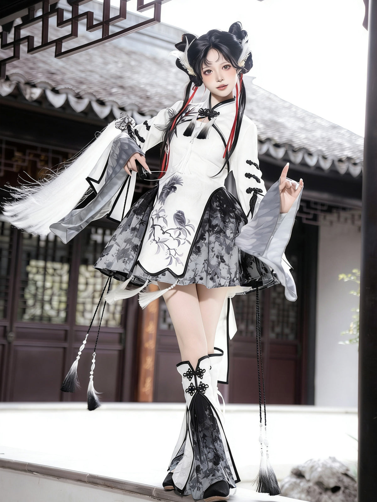 Chinese Style Magpie Feather Frog-Button Dress YOU0229