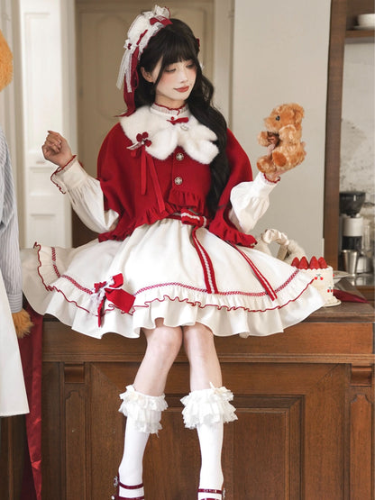 Fur Collar Cape Ribbon Bow Dress LAL0169