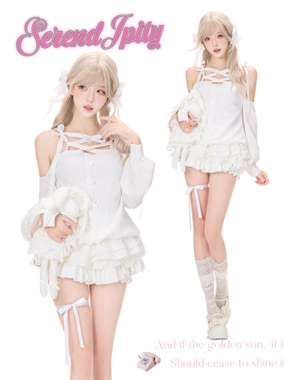 Off Shoulder Lace Up Top And Ruffle Cake Skirt Set SER0156