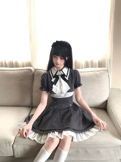 Pinstripe Peter Pan Collar Dress With Ribbon Tie LAL0189