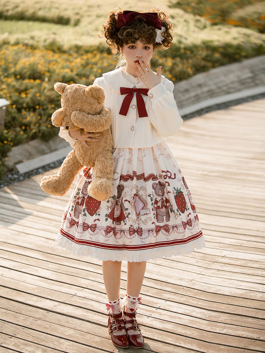 Bear And Strawberry Print Jacket And Pinafore Dress Set YOU0280