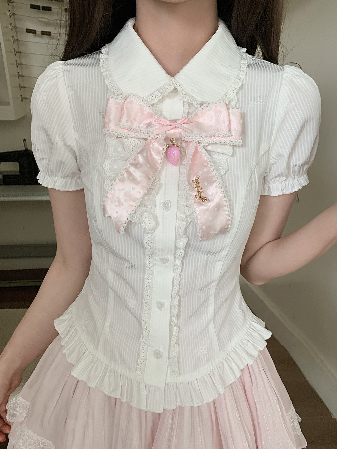 Strawberry Ribbon Puff Sleeve Blouse LAL0192