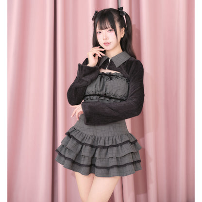 Fluffy Cape Plaid Tiered Dress Set NOG0034