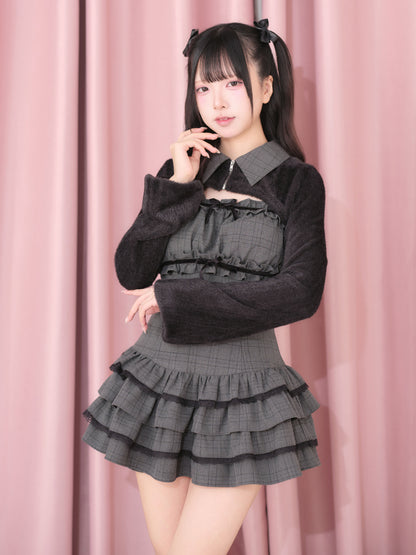 Fluffy Cape Plaid Tiered Dress Set NOG0034