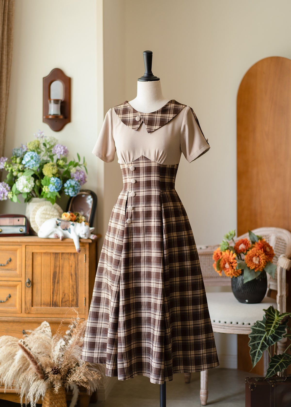 Vintage Plaid Contrast Collar A-Line Dress FOR0074
