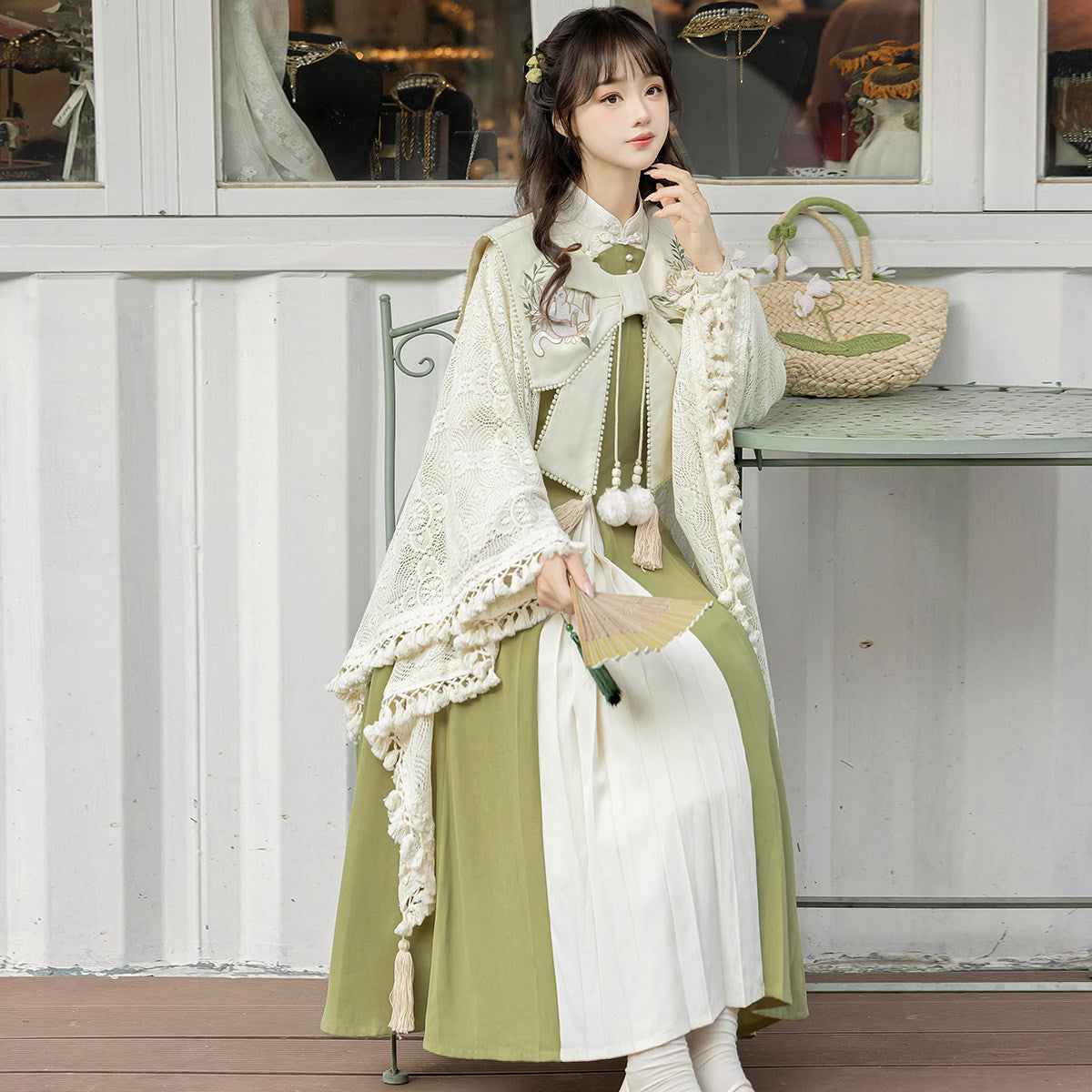 Chinese Style Lace Cape Pleated Midi Dress Set YOU0326
