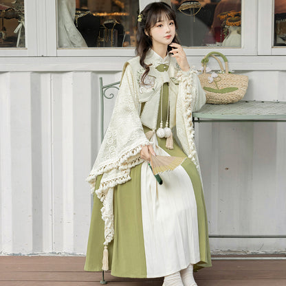 Chinese Style Lace Cape Pleated Midi Dress Set YOU0326