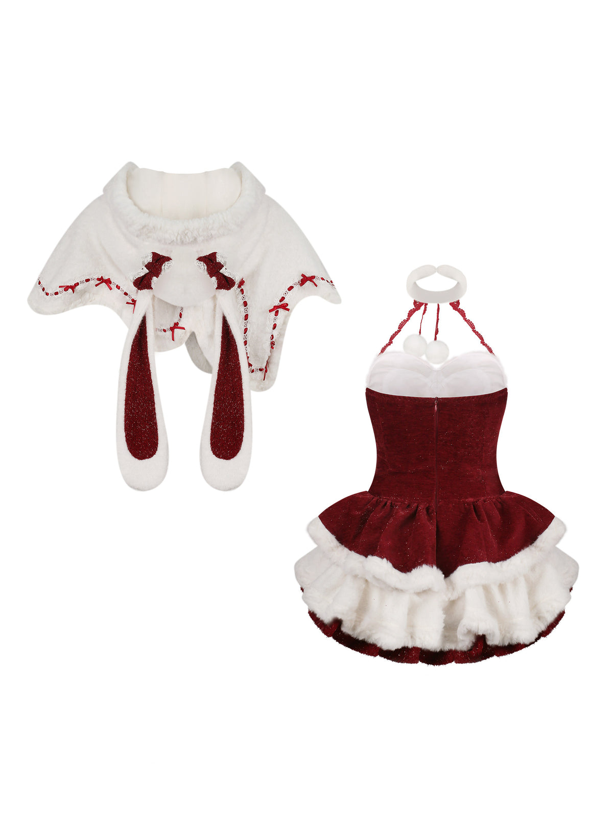 Red Velvet Halter Dress With Bunny Ear Cape Set SER0140