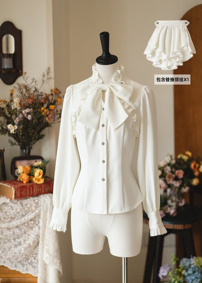 Vintage Ruffled Stand Collar Bow Shirt FOR0081
