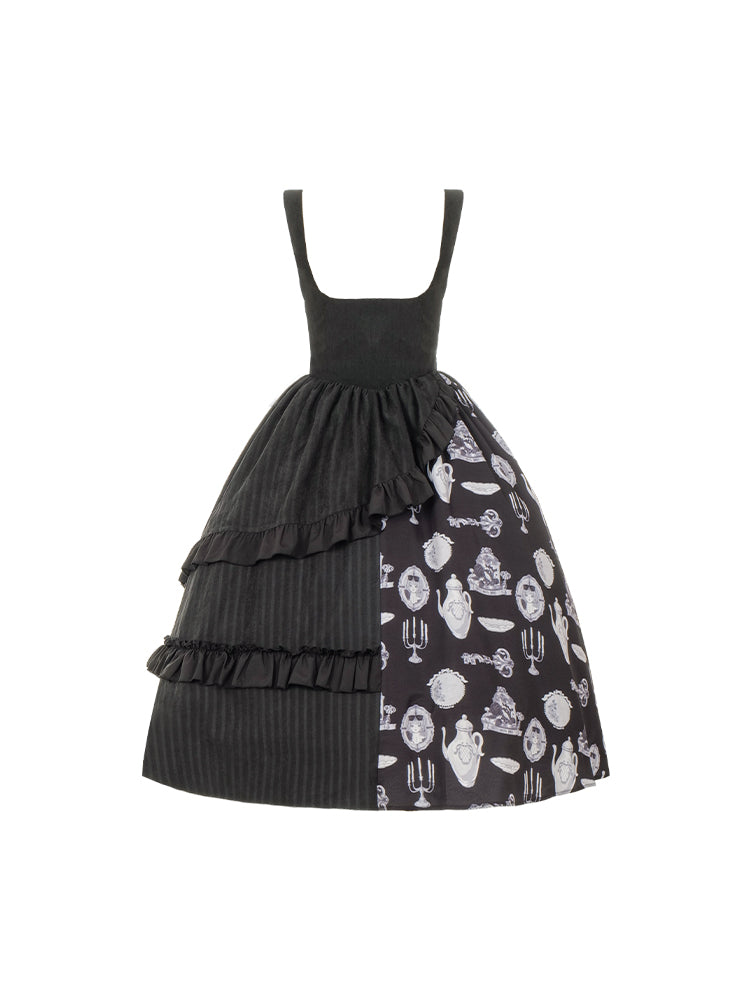 Asymmetry Frill Tiered Black Lolita Dress WIT0142