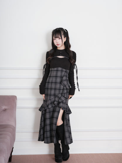Knit Check Patchwork Long Dress NOG0023