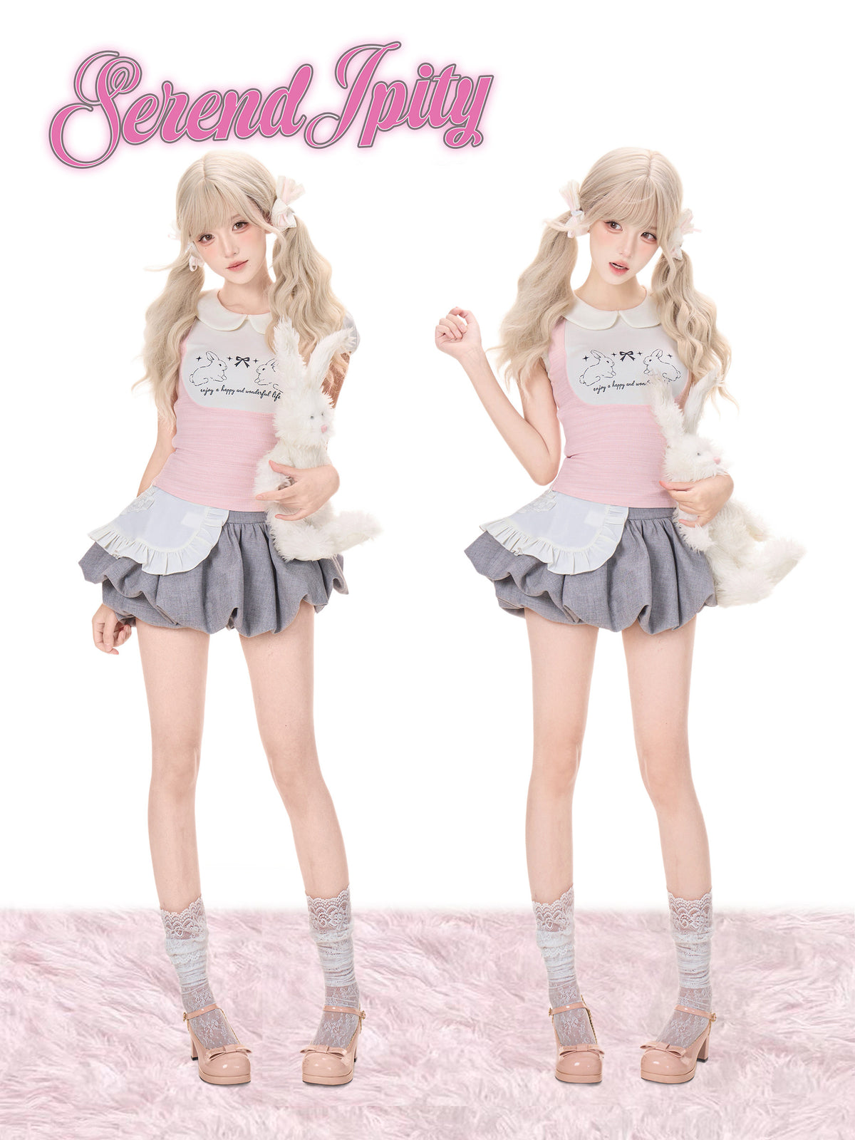 Bunny Print Collar Blouse With Apron Shorts SER0153