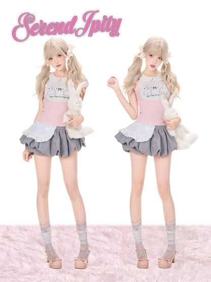Bunny Print Collar Blouse With Apron Shorts SER0153