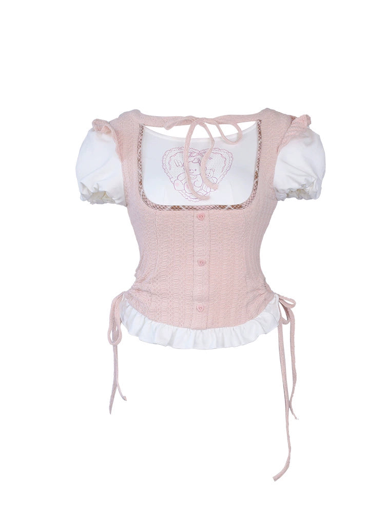 Pink Bear Tops & Check Pleated Skirt SER0027