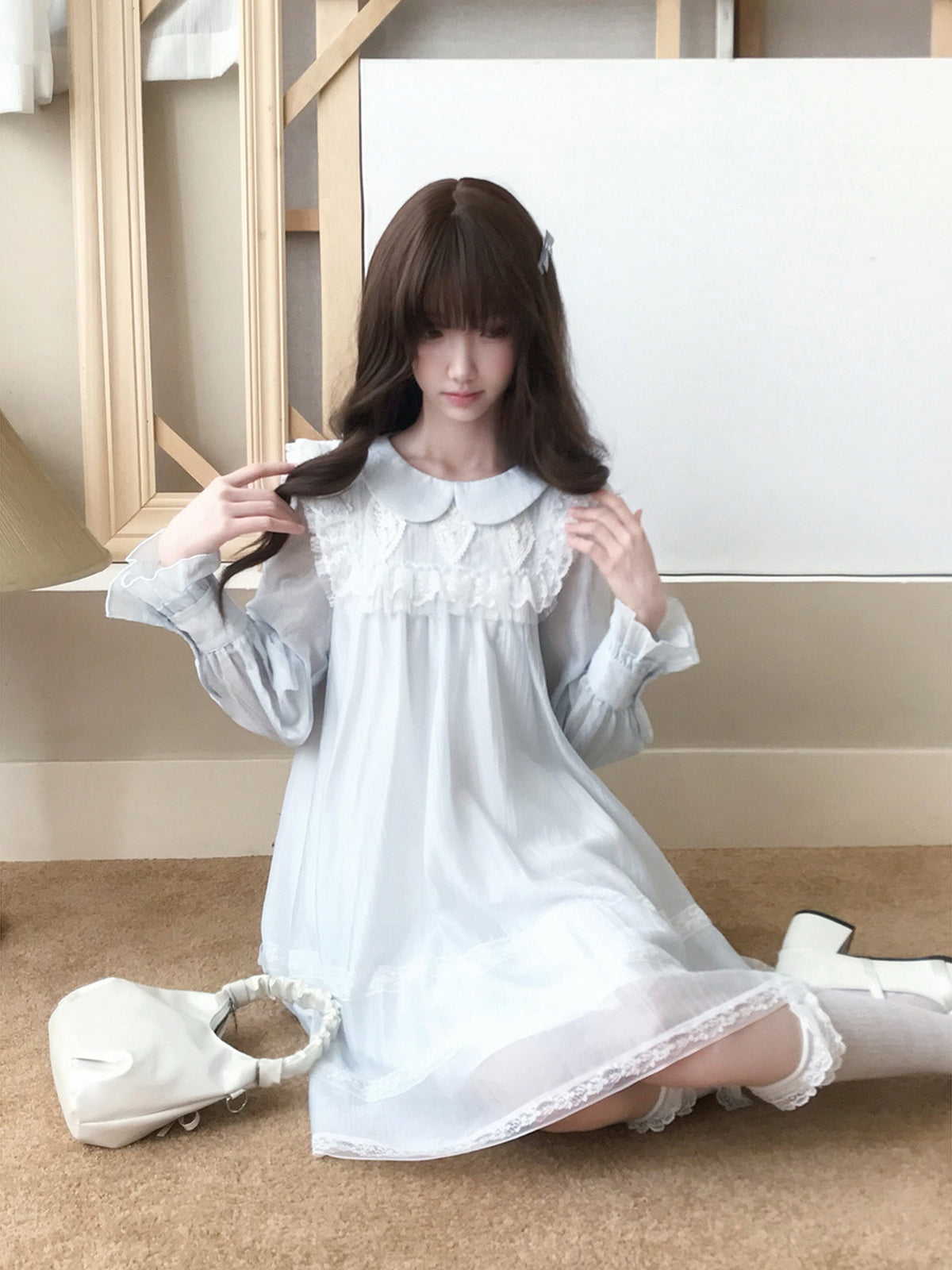 Doll Collar Lace Trim Babydoll Dress LAL0149