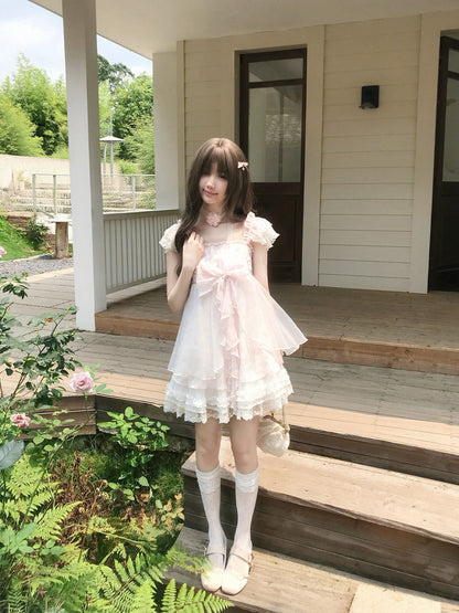Square Neck Puff Sleeve Lace Tulle Dress LAL0191