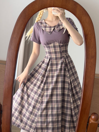Vintage Plaid Contrast Collar A-Line Dress FOR0074