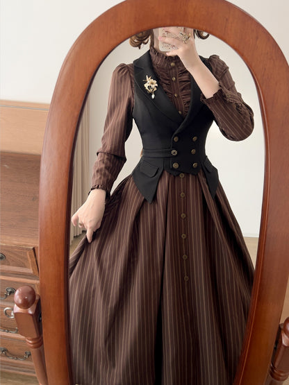Vintage Striped High-Collar Long-Sleeve Dress FOR0064