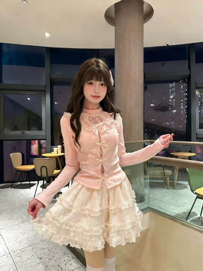 Heart Cutout Lace Trim Tiered Skirt Set BEL0022