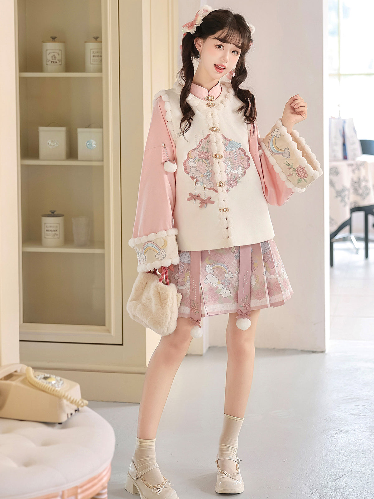 Chinese Style Floral Embroidered Vest Top Pleated Skirt Set YOU0265