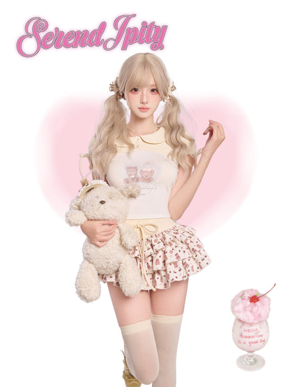 Bear Print Collar Top And Tiered Skirt Set SER0168