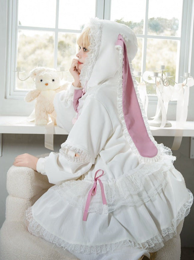 Frill Long Bunny Ears Big Ribbon Hooded Girly Dress WIT0001