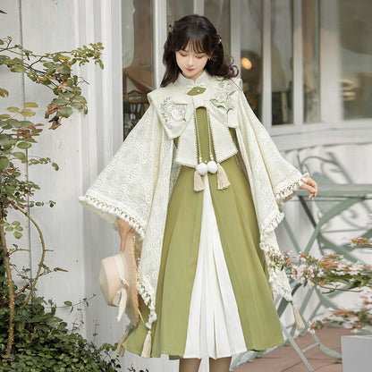 Chinese Style Lace Cape Pleated Midi Dress Set YOU0326
